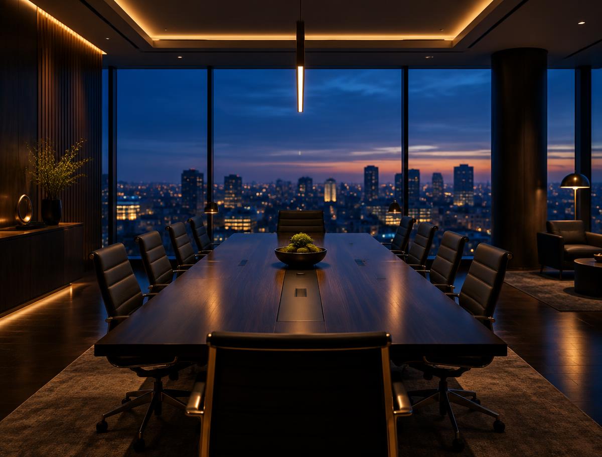 Vergaderzaal van P Invest Holding met zicht op de stad in de avond